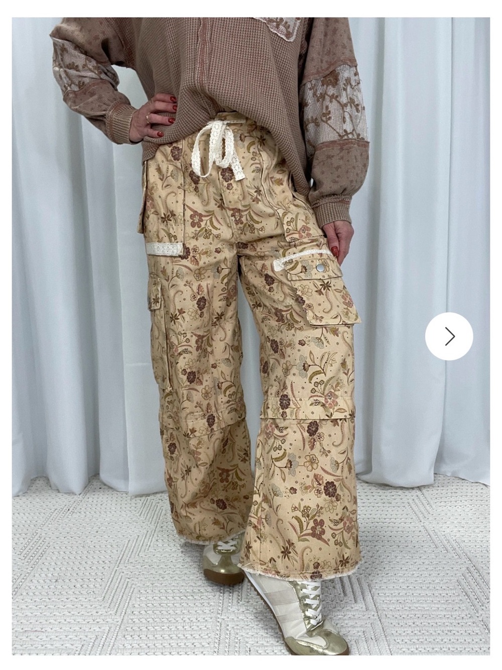 Boho Floral Cargo Wide-Leg Pants - Beige